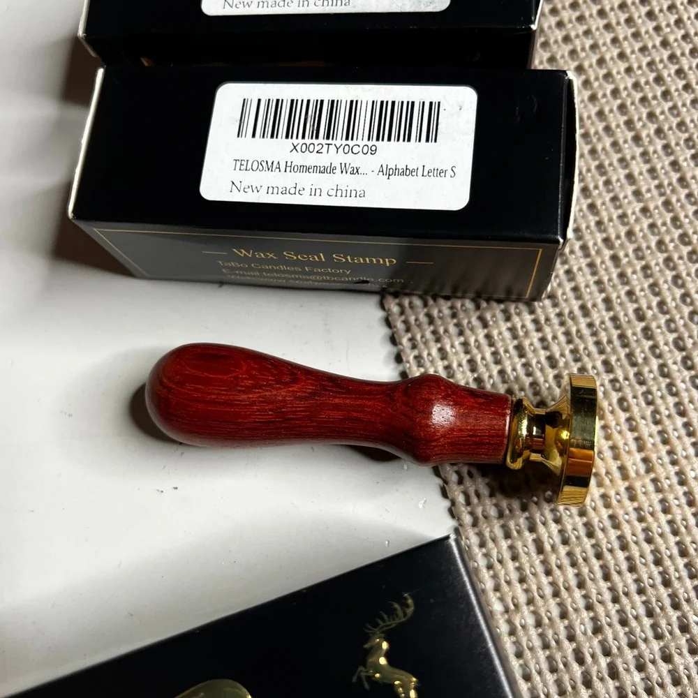 TELOSMA Medieval Wax Seal Stamp Set Letters F S H Brass Head Rosewood Handle